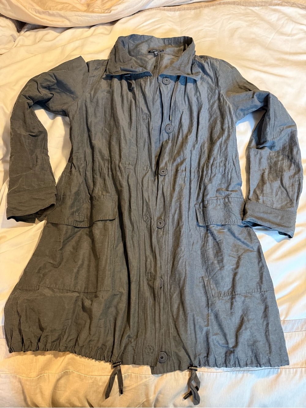 Eileen Fisher Slate Gray Drawstring Trench Coat